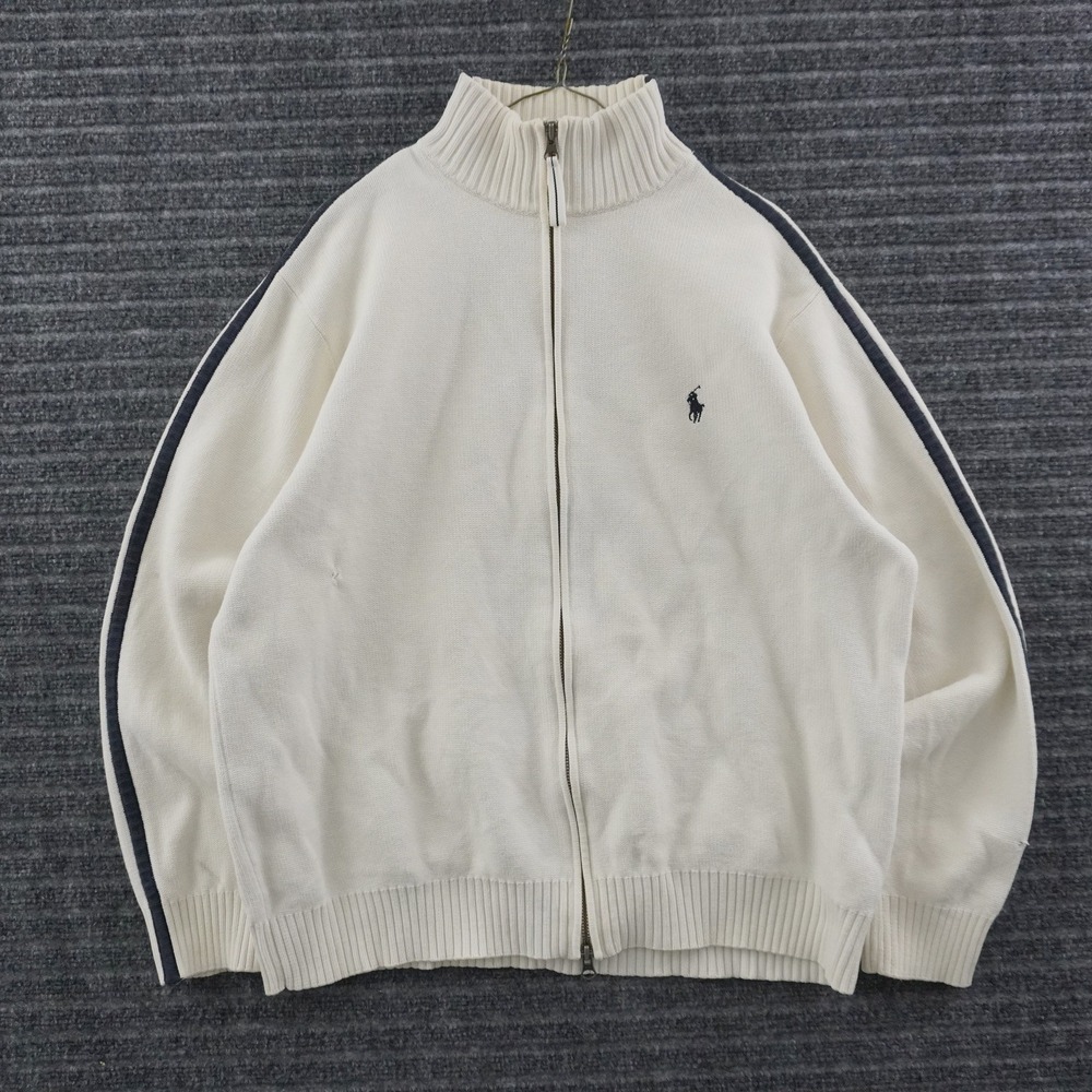 Vintage 90s Polo Ralph Lauren Zip Up Knit Sweater XL Cream Navy Stripe Cotton